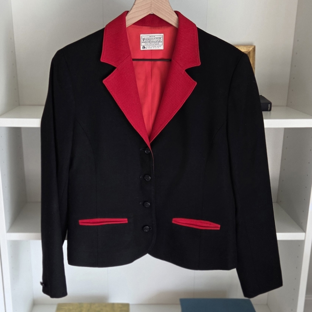 Vintage Pendleton Black Red Trim Wool Cropped Blazer Womens Size 6